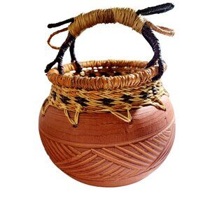 Ghana Artisan Red Clay Pottery and Rustic Basket Handwoven African Decor 8.5"